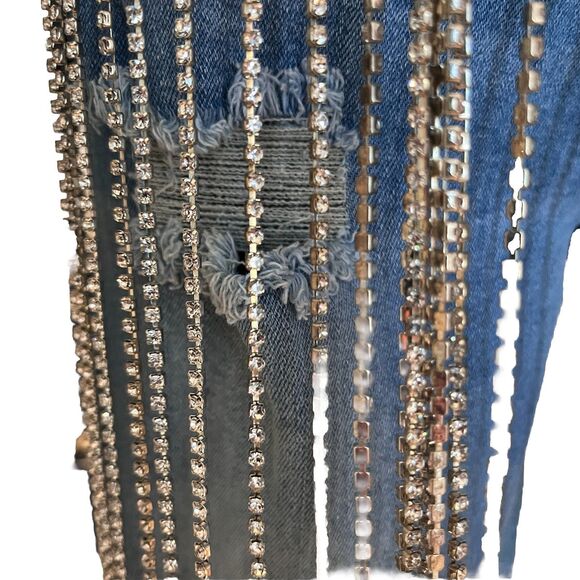 Hot & Delicious Rhinestone Fringe Jeans Y2K Inspired Distressed Womens Small NWT - Picture 6 of 16